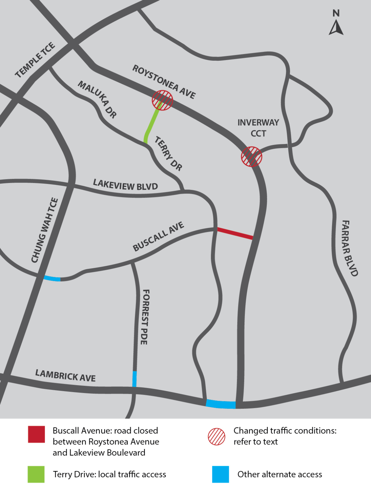 Image showing location of works and detour during temporary closure of Inverway Circuit and changed traffic conditions at Terry Drive and Roystonea Avenue.