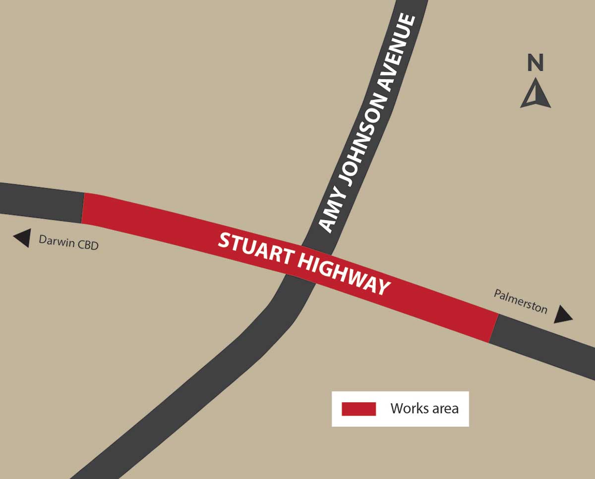 Map of Stuart Highway and Amy Johnson intersection showing works area