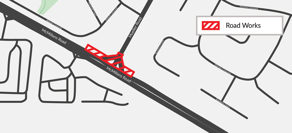 Diagram of McMillans Road and Mueller Road intersection with area of road works marked