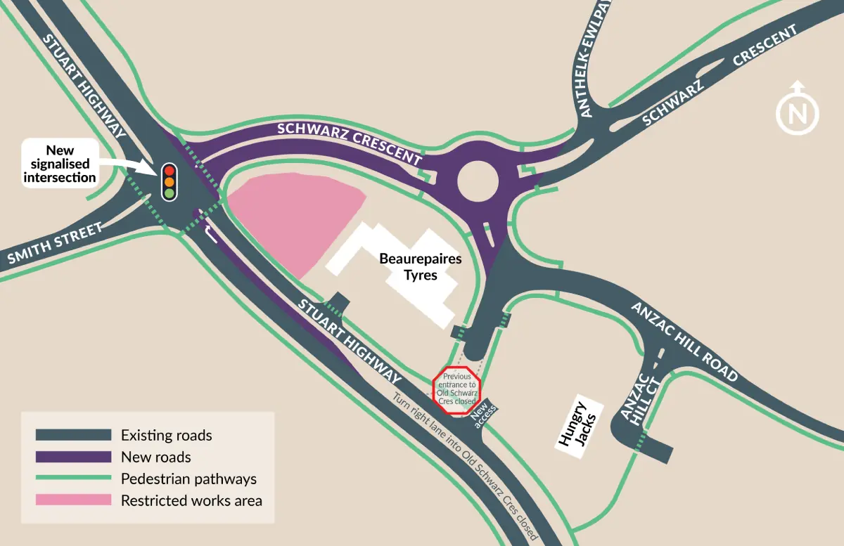 Schwarz Crescent and Stuart Highway intersection map