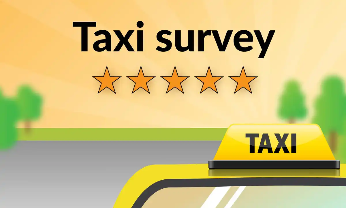 Illustration of taxi survey with five-star rating above a yellow taxi on a road.
